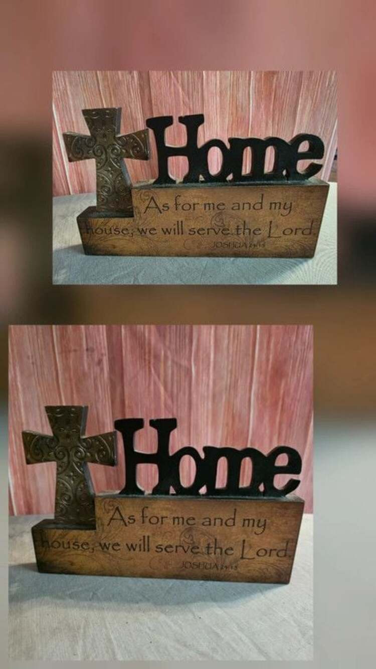 Wooden "Home" Cross Tabletop Block Sign w/ Joshua 24:15 Scripture